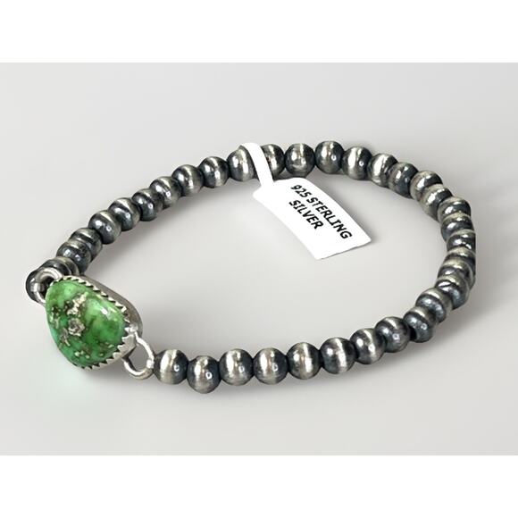 Native American Sterling Silver Pearl & Emerald Valley Turquoise Navajo Bracelet - Picture 1 of 13